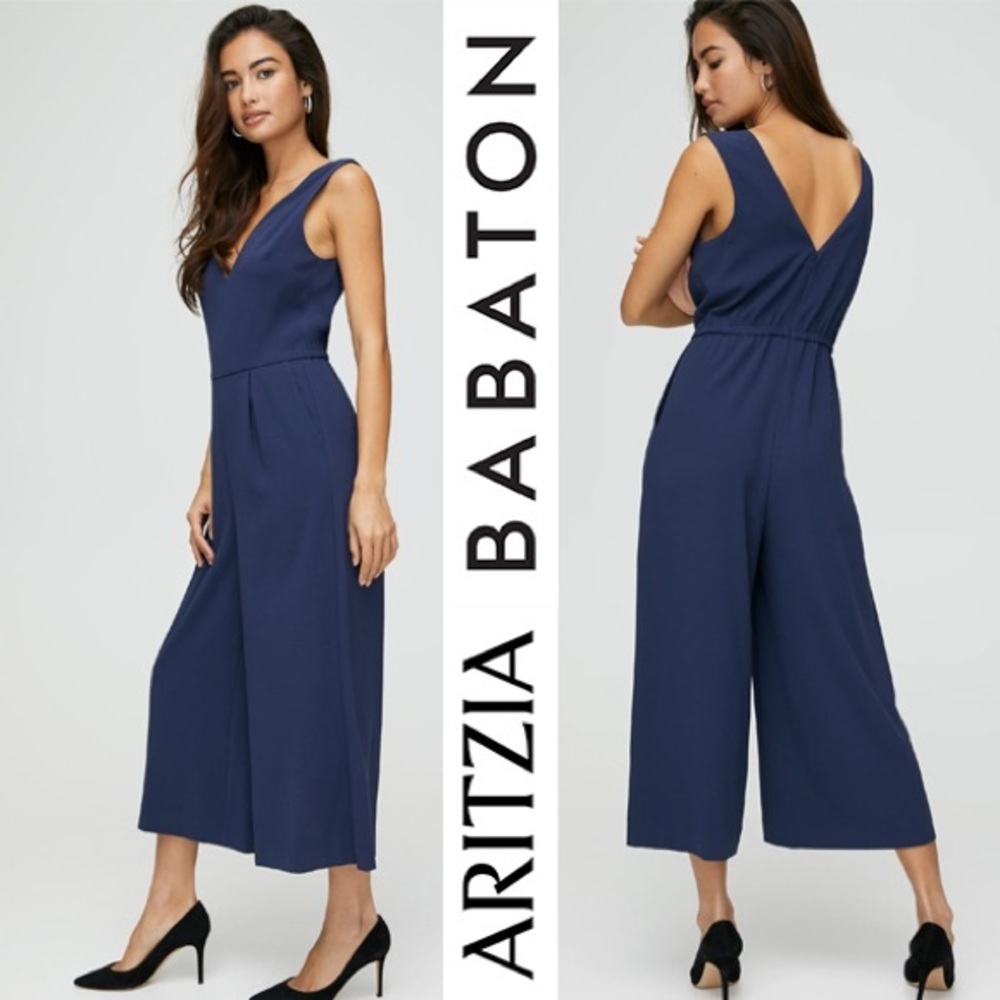 Babaton Marcus Jumpsuit Navy Blue Wide-leg Cropped Ankle V-neck S (4)
